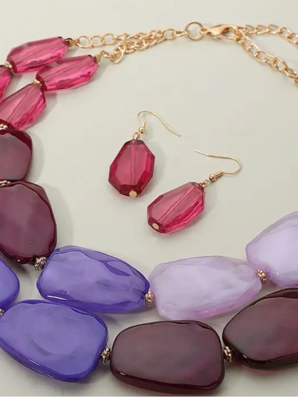 Multi-Color Glass Statement Necklace & Earring Set - Pink and Purple